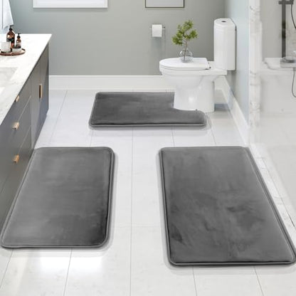 Clara Clark 3 Piece Bathroom Rugs, Velvet Memory Foam Bath Mat Set, Non-Slip Bath Rugs, Machine Wash, Dries Quickly, Ultra Soft Plush Bath Mats for Bathroom, 17 x 24/20 x 32 / Contour, Grey - color: Grey
