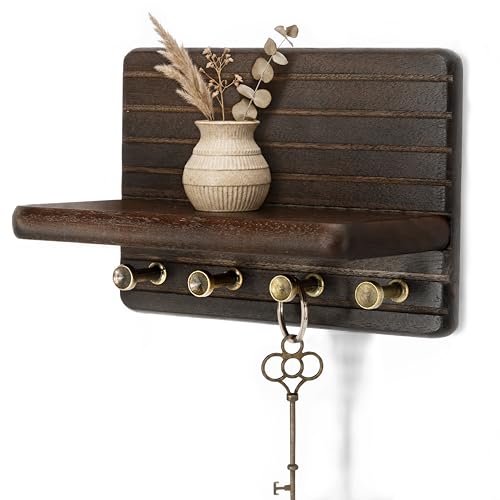 Rebee Vision Acacia Wood Key Holder Wall Mount for Entryway, Dark Brown | Small Key Holder for Wall, 4 Key Hooks, Floating Shelf, Mail Organizer, Compact Home Storage, Ideal for Home Improvement - color: Dark Acacia, size: Small-7inch