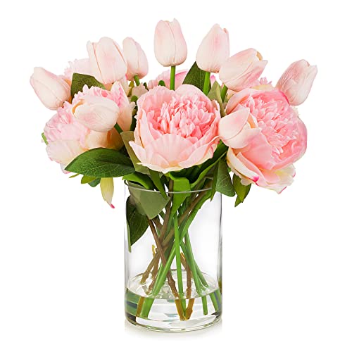 Artificial Flower Arrangement with Vase, Faux Flower in Vase, Mixed Artificial Real Touch Tulip and Fake Silk Peony Flower in Vase for Decoration Home Office Centerpiece (Pink) - color: T& Peony Pink