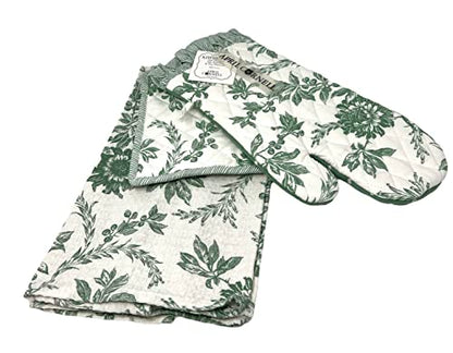 April Cornell 4-Pc. Felicity Green Bunny Floral Toile Kitchen Linen Gift Set | Lovely Floral Toile in Green and White | 100% Cotton