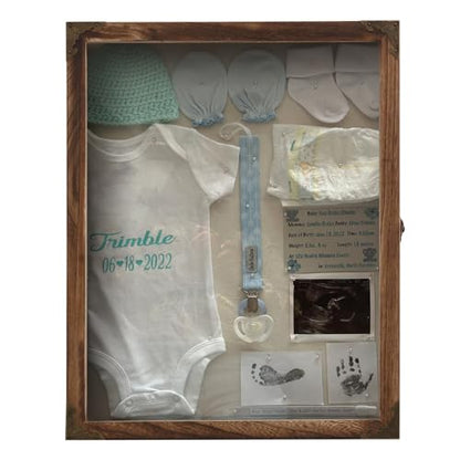 Shadow Box Frame 13x16, Large Memory Display Case with Retro Metal Corner Accents, Carbonized Wood Frame, Linen Back, and 10 Wooden Push Pins for Photos, Medals, Wedding Memory, and Keepsakes