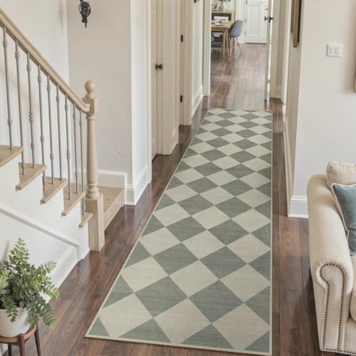 Beeiva Checkered Print Rug Runners for Hallways 2.5x10, Green Kitchen Runner Rugs Non Skid Washable Ultra Thin Faux Wool Long Carpet for Hallway, Checkerboard Neutral Floor Carpet for Kitchen Decor - color: Green/Grey, size: 2.5' x 10' (Rectangular)