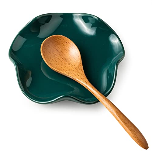 Miamolo Ceramic Spoon Rest for Kitchen Counter, Coffee Bar, Dishwasher Safe | 5.3" Floral Spatula & Ladle Holder | Large for Multiple Cooking Utensils, Gadget, Prevents Mess | Range Stove Top, Dark Green - color: Dark Green