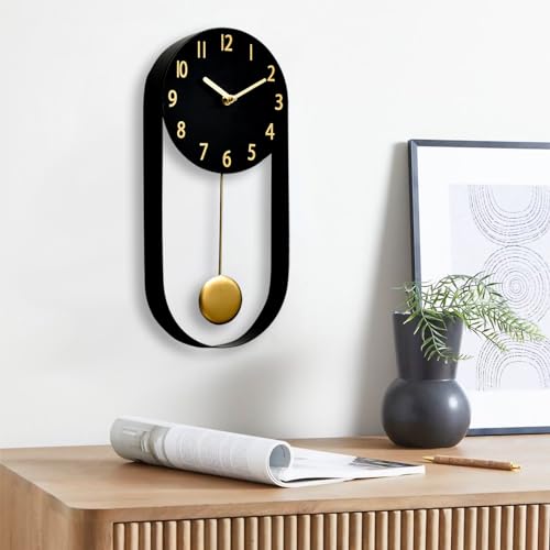 EMAX HOME 8 Inch Black Wall Clock with Gold Pendulum, Silent Modern Metal Wall Clock, Minimalist Decorative Pendulum Timepiece for Living Room, Office, Kitchen