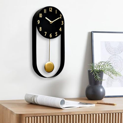 EMAX HOME 8 Inch Black Wall Clock with Gold Pendulum, Silent Modern Metal Wall Clock, Minimalist Decorative Pendulum Timepiece for Living Room, Office, Kitchen