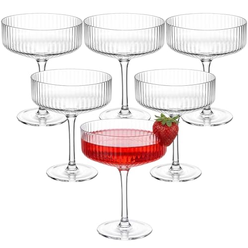 Set of 6 Champagne Coupe Glasses 8 oz Clear Ribbed Martini | Classic Design for Weddings, Elegant Martini Cups with Vertical Lines, Bar Glassware for Champagne Toasts and Parties - style: Clear