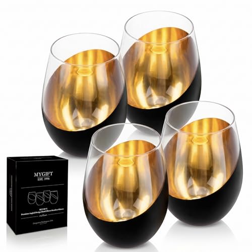 MyGift Black Wine Glasses Set of 4, Black and Gold Cups 18 oz with Metallic Angled Design, Wedding Party Home Bar Birthday Housewarming Gift - color: Black (Set of 4)