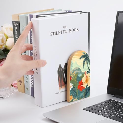Summer Hawaiian Book Ends for Shelves - 2 Pack Handmade Wooden Bookends with Metal Base, Sturdy Book Holder for Heavy Books Modern Decorative Book Stopper for Home Office