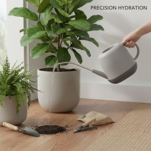 Long Spout Watering Can for Indoor Plants, Durable PP Plastic Pot Waterer with Precision Flow Control for Hanging Baskets and Dense Foliage - color: Brown