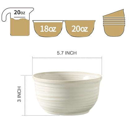 Ceramic Soup Bowls Set of 6, 20 Ounce Deep Creamy White Cereal Bowls, Microwave & Dishwasher Safe, Perfect for Oatmeal, Pasta, Salad, Dessert & Breakfast - color: White, size: 20 Ounce