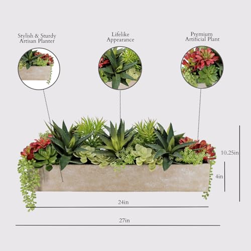 Oblong Faux Succulent Arrangement, 27" Premium Artificial Indoor Plant Enhances Interior Design, Display on any Surface in Your Home Adding an Inviting Touch of Nature, Natural Planter Pot Included - size: 27" Oblong Khaki