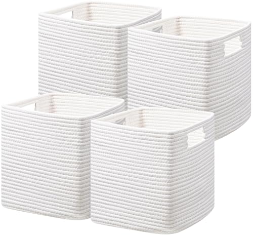 UBBCARE Set of 4 Cotton Rope Basket 13 X 13 X 13 Inches, Woven Storage Baskets for Shelves, Organizing with Handles, Cube Storage Bins for Storage Books, Magazines, White - color: White, size: 4Pack-13 X 13 X 13 Inch