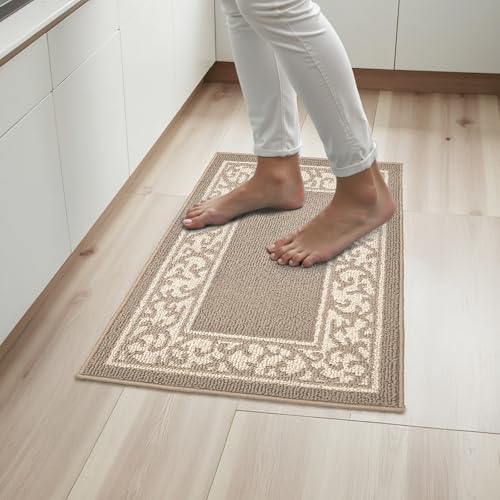 Indoor Welcome Doormat 20x30 Inch – Non-Slip Low-Profile Entryway Mat for Front Door, Absorbent Dirt Trapper Rug, Washable Durable Indoor Outdoor Shoe Mat for Porch, Patio, or Hallway (Beige) - color: Border Beige, size: 1'8" x 2'6" (Rectangular)