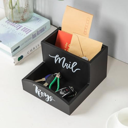 Rustic Black Torched Wooden Key Mail Organizer Word Front Label Table Top Organizing Bin Wood Countertop Desktop Cellphone Wallet Stationery Jewelry Storage Tray Entryway Home Office Farmhouse