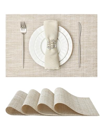 Leetaltree Woven Vinyl Placemats Set of 4,Beige and Gold | High Density，Stain Resistant, Easy to Clean, Washable Table Mats for Indoor Dining and Outdoor Patio - color: Z0- Beige and Gold, size: Set of 4
