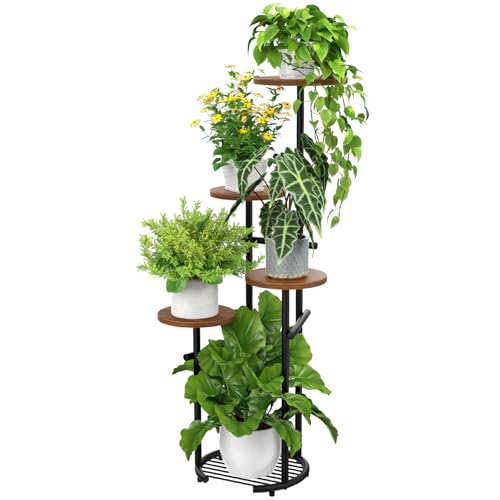 TOSKING 5-Tier Corner Plant Stand,42-Inch Wood & Metal Shelf, Brown & Black | Space-Saving Round Vertical Plant Shelf for Multiple Plants, Heavy-Duty Metal Design for Indoor & Covered Outdoor Living - color: Brown+Black, size: 5tier Rd