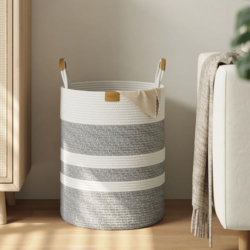 Nunsino 62L Striped Laundry Hamper with Leather Handles,Large Foldable Laundry Basket for Clothes,Cotton Rope Storage Bin for Blankets,Woven Clothes Basket for Bedroom,Gray Stripes - color: Grey&White, size: 62L/16.3Gal