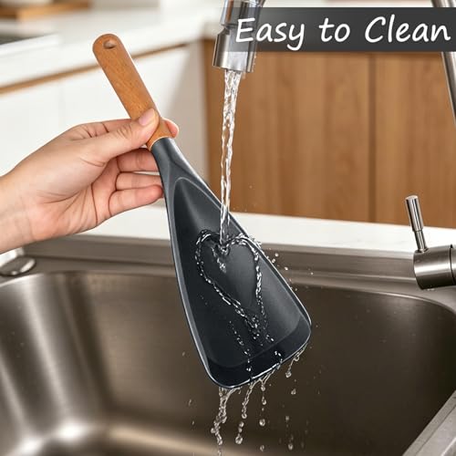 Cooking Spoon for Nonstick Cookwares, Multifunction Spatula Spoon, Great for Both Cooking and Serving, Wood Handle Spoon for Stirring, Mixing, Serving (2, GRAY) - color: Gray