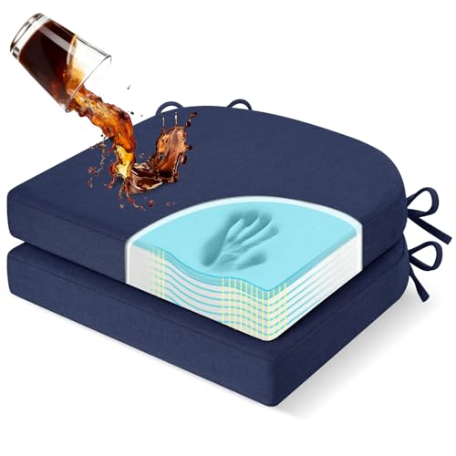 downluxe Chair Cushions for Dining Chairs, Memory Foam Linen Kitchen Chair Pads with Ties, Waterproof, Stain-Resistant and Washable Cover, 17" x 16" x 2.5", Blue, 2 Pack - color: Blue, size: Pack of 2