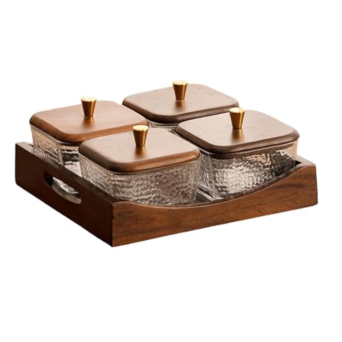 Divided Serving Tray with Lid, Made of Glass and Wood, Snack Bowl with Compartments for Fruit, Nuts, and Sweets. and Practical for Kitchen, of, 4 Compartment Square - size: 4 Compartment Square