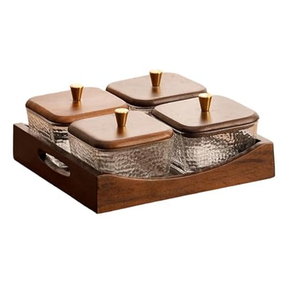 Divided Serving Tray with Lid, Made of Glass and Wood, Snack Bowl with Compartments for Fruit, Nuts, and Sweets. and Practical for Kitchen, of, 4 Compartment Square - size: 4 Compartment Square