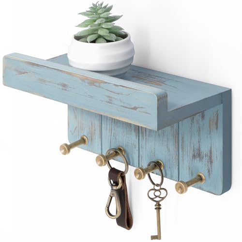 Rebee Vision Key Holder Wall Mount with Shelf for Entryway, Distressed Blue | Key and Mail Holder for Wall, Shelf, 4 Key Hooks, Farmhouse Decor, Room Decor Aesthetic, Compact Home Storage, Wall Organizer - color: D - Blue, size: Small - 8 inch