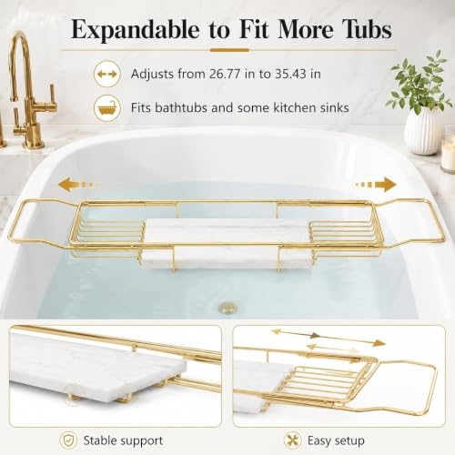Expandable Stainless Steel Bathtub Caddy Tray with White Marble Board, | Extra Wide Rustproof Shelf, Book Tablet & Wine Glass Stand For Luxury Home Spa(Gold+White) - color: Gold+white