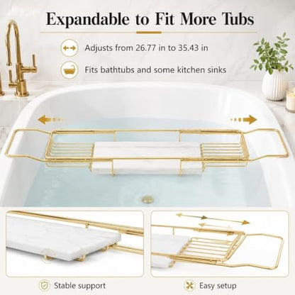 Expandable Stainless Steel Bathtub Caddy Tray with White Marble Board, | Extra Wide Rustproof Shelf, Book Tablet & Wine Glass Stand For Luxury Home Spa(Gold+White) - color: Gold+white