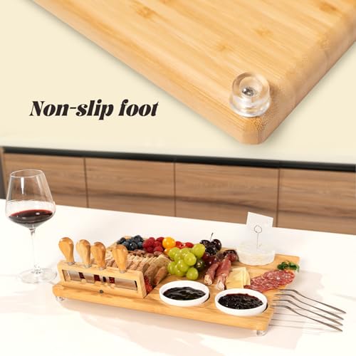 eleganlife Charcuterie Boards Set with Knives, Bamboo Cheese Board Large, Charcuterie Platters with Compartments, Serving Boards Gifts for Wedding, Birthday and Housewarming Party