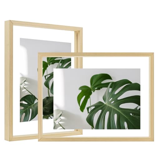 Egofine 9x12 Floating Frames Set of 2, Double Plexiglass Picture Frame, Made of Solid Wood Display Any Size Photo up to 9x12, Wall Mount or Tabletop Standing, Natural Wood - color: Natural Wood, size: 9x12