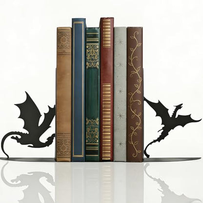 Dragon Metal Bookends for Shelves, Gothic Black Metal Decorative Book Ends, Heavy Duty Book Stoppers for Home Office Desk, Ideal Gift for Dragon Lovers & Book Lovers - style: Dragon