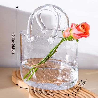Fixwal Unique Glass Vase for Flowers, Clear Bag Vases with Handle | Cute Handbag Shape Decorative Flower Vases with Fish Bowl for Centerpieces Home Table Shelf Decor Birthday
