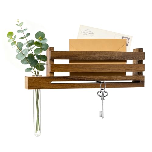 Solid Walnut Wall Mounted Key Holder with Acrylic Vase & Mail Organizer, Wooden Entryway Key Rack with 5.9" Test Tube Vase, Decorative Key Hanger with Slot for Keys and Letters, Brown, Gift Idea - color: Walnut