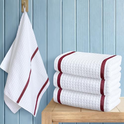VOOVA & MOVAS Waffle Weave Kitchen Towels 4PC 16"x26", 100% Cotton | Soft Touch, Excellent Absorbency, Suitable for Daily Use, White Checkered with Red Stripe, Practical Kitchen Dish Towel - color: White + Red, size: 4PC Hand Towels