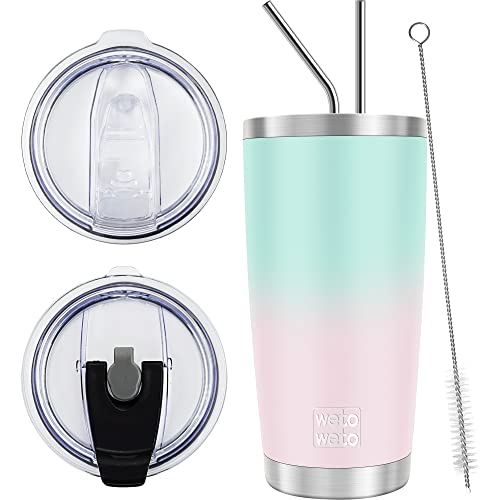 WETOWETO 20oz Insulated Stainless Steel Tumbler, Coffee Tumbler with 2 Lids and 2 Straws, Double Wall Vacuum Leak-proof Travel Coffee Mug, Powder Coated Water Cup (Green-Pink Gradient, 1 Pack) - color: A2-Green-Pink Gradient, style: Tumbler, 2 Lids, Straw