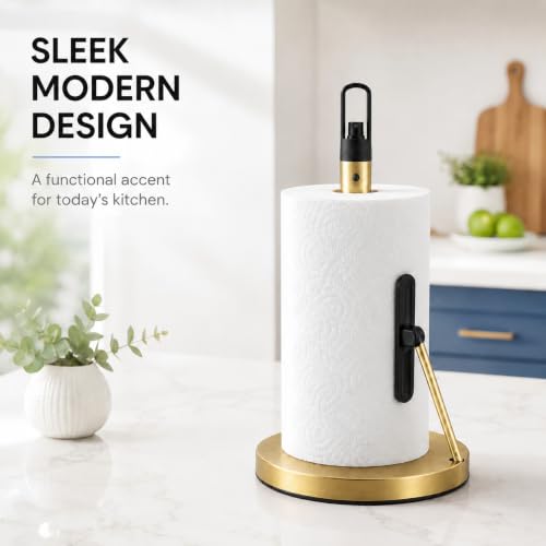 Paper Towel Holder with Spray Pump, All-in-One Countertop Paper Towel Stand with Refillable Bottle, One-Handed Tear Kitchen Roll Holder, Weighted Base, Brushed Stainless Steel (Gold) - color: Gold