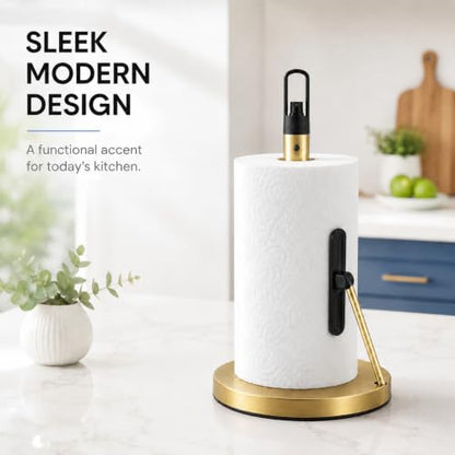 Paper Towel Holder with Spray Pump, All-in-One Countertop Paper Towel Stand with Refillable Bottle, One-Handed Tear Kitchen Roll Holder, Weighted Base, Brushed Stainless Steel (Gold) - color: Gold