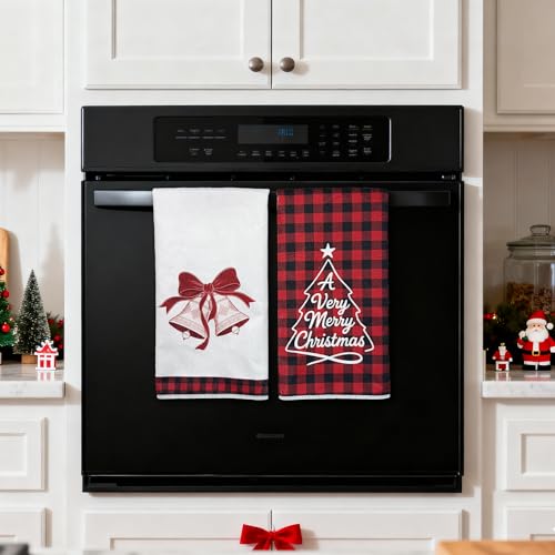 Red Black Buffalo Plaid Merry Christmas Jingling Bell Kitchen Towels Dish Towels, 17x27 Inch Daily Seasonal Winter Decoration Hand Towels Set of 2,Microfiber Farmhouse Decor Tea Towels - color: Red