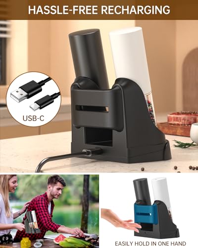 CIRCLE JOY Electric Salt and Pepper Grinder Set Automatic Salt and Pepper Mills Set with Easy-to-Carry Charging Base and LED Light, USB Rechargeable, Upgrade External Adjustable Coarseness - color: White&Black