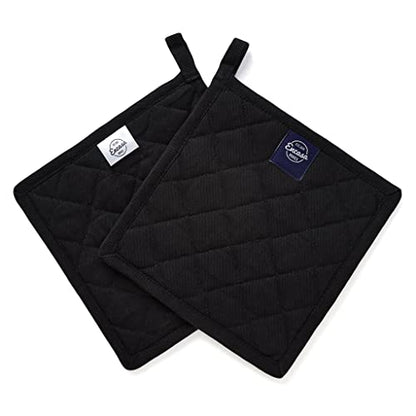 Encasa XO Pot Holders, Quilted Kitchen Hot Pads 8"x8" Full Black | 100% Heavyweight Cotton | Quilted Insulation | Multipurpose Trivets & Hot Pads | Hanging Loop | Set of 2 - color: Full Black