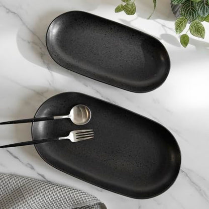 SANGO Anderson Serving Platters Set of 2, 14/12 Inch Stoneware Serving Dishes for Entertaining, Semi-Matte Party Serving Trays for Food, Buffet Oval Platters for Bread, Appetizer, Cheese, Matte Black - color: Black