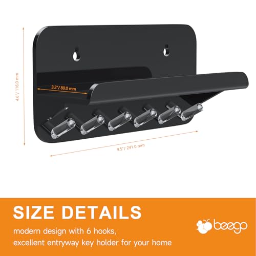 Beego Entryway Key Holder for Wall - Black Acrylic Key Rack with Shelf Decorative Key Hanger Wall Mount Mail Organizer with 6 Key Hooks for Office Hallway Kitchen Living Room Home Décor