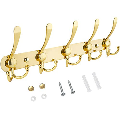TICONN Wall Mounted Coat Rack, Five Heavy Duty Tri Hooks All Metal Construction for Jacket Coat Hat in Mudroom Entryway (Gold, 1-Pack) - color: Gold