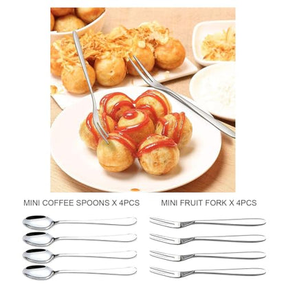 Linwnil Mini Cheese Knife Set with wood Handle - Stainless Steel Charcuterie Knife Set with 4 Fruit Forks & 4 Small Spoons - Compact Cheese Cutter Set for Charcuterie Boards