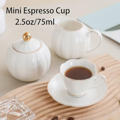 White Porcelain 75ml Demitasse Set of 8 (16-Piece) - 2.5oz Espresso Cups & Saucers, Elegant White & Gold Trim Coffee Set for Turkish Coffee, After Dinner, Gift Giving - size: 2.5oz