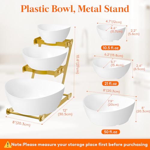 Lifewit 3 Tier Plastic Serving Bowls for Party, Chip and Dip Serving Set | Tiered Serving Tray with Gold Metal Stand for Fruit, Snack, Crack-Proof Platter for Buffet Display, Party Hosting Essentials - color: Gold