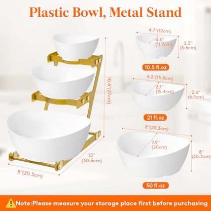 Lifewit 3 Tier Plastic Serving Bowls for Party, Chip and Dip Serving Set | Tiered Serving Tray with Gold Metal Stand for Fruit, Snack, Crack-Proof Platter for Buffet Display, Party Hosting Essentials - color: Gold