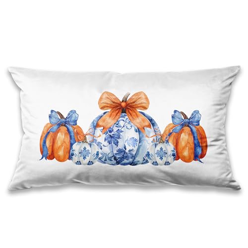 Chinoiserie Fall Pumpkin Pillow Covers 20x12,Autumn Decor,Blue and White Orange Chinoiserie Pumpkin Decorative Throw Pillow Covers for Home Bedroom Living Room - color: 19 Color