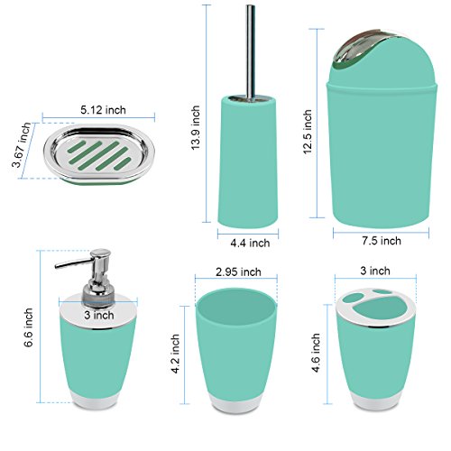 Bathroom Accessories Set, 6-Piece Plastic Gift Set, Toothbrush Holder, Toothbrush Cup, Soap Dispenser, Soap Dish, Toilet Brush Holder, Trash Can (Mint Green) - color: Mint Green