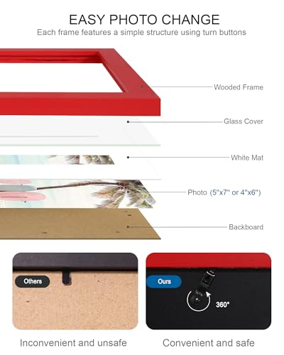 Hongkee 5x7 Picture Frame (4 Pack, Red) Made of Real Glass and Wooden Frame - Display Pictures 4x6 with Mat or 5x7 Without Mat, 5 by 7 Photo Frames TableTop Display and Wall Mounting - color: Red, size: 5x7 in
